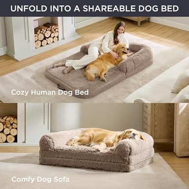 Bedsure Foldable Human Size Giant Dog Bed for Adults, 2 in 1 Calming Pet Bed with Egg Foam Supportive Mat and Waterproof Liner, Faux Fur Orthopedic Sofa, Camel - Image 3