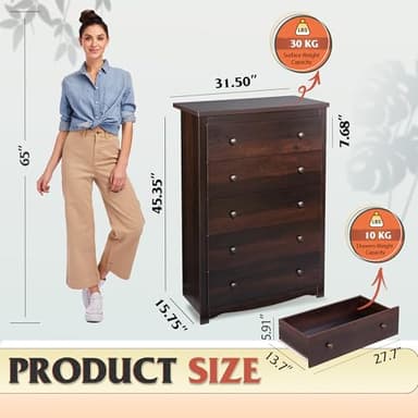 WLIVE Wood Dresser with 5 Drawers, Rustic Brown Wooden Storage Cabinet for Bedroom, Modern Organizer Drawers and Closet Dresser for Hallway, Closet, Measuring 15.75" W*31.50" D*45.35" H - Image 3