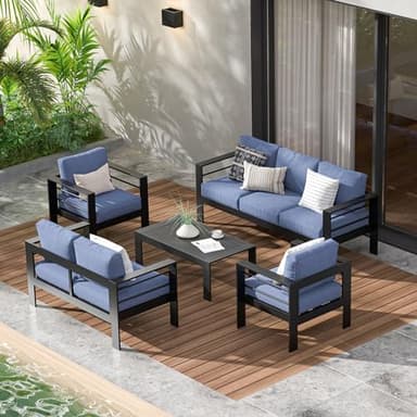 Wisteria Lane Aluminum Outdoor Patio Furniture Set, 7 Seats Modern Patio Conversation Sets, Outdoor Sectional Metal Sofa with 5 Inch Cushion and Coffee Table for Garden, Black Frame and Blue Cushion - Image 1