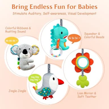 XIXILAND Car Seat Toys Baby Toys 0-3 Months Developmental, Stroller Toys Infant Toys 0-6 Months Newborn Toys, Carseat Toys for Infants 0-12 Months with Dinosaur, Lion Mirror, Teether - Image 5