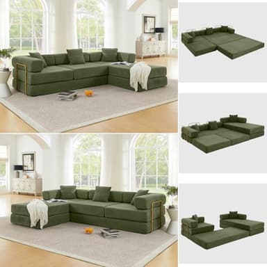 HANXIN 108" Modular Sectional Sofa, Futon Convertible Sofa Bed,Oversized Corduroy Boneless Couch for Living Room,Floor Loveseat Sleeper with Pull Out Bed,Free Combination,No Assembly Required (Green) - Image 1