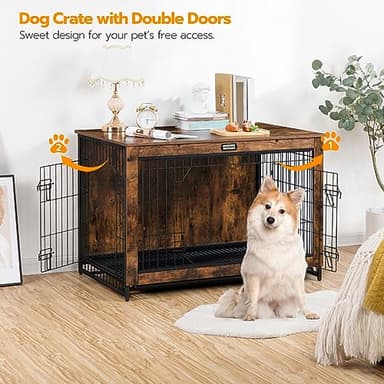HOOBRO Dog Crate Furniture, 38.6" Large Dog Kennel Indoor, Wooden Cage with Pull-Out Tray, Double Doors Pet House Side End Table for Large/Medium/Small Dogs, Rustic Brown BF982GW03G1 - Image 2