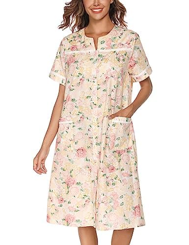 YOZLY House Dress Womens Cotton Housecoat Short Sleeve Duster Robe with Pockets Flower Pink, Small - Image 1