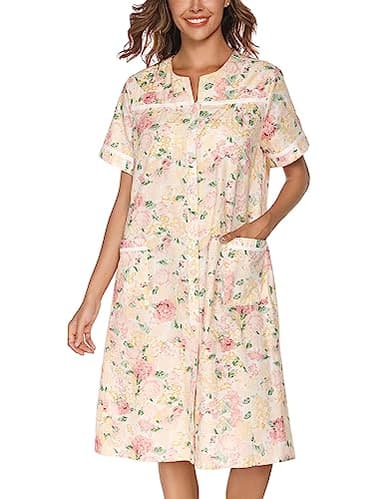 YOZLY House Dress Womens Cotton Housecoat Short Sleeve Duster Robe with Pockets Flower Pink, Small - Image 1