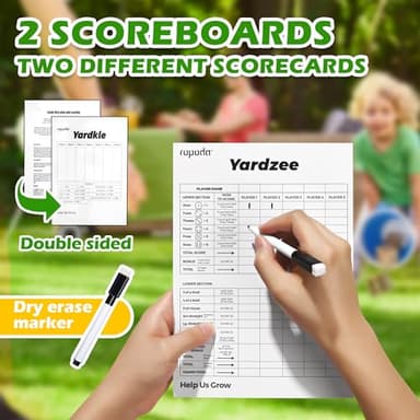 ropoda 3.5" Giant Wooden Yard Dice Set for Outdoor Fun, Barbeque, Party Events, Backyard Games, Lawn Games Includes 6 Dice, Collapsible Bucket, Score Cards & Dry Erase Marker - Image 5