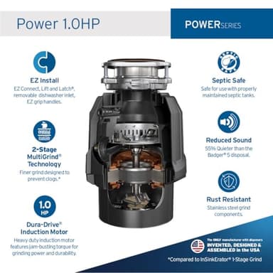 InSinkErator Power 1HP, 1 HP Garbage Disposal, Power Series EZ Connect Continuous Feed Food Waste Disposer, Black - Image 3