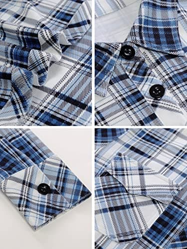 DJT Womens Soft Stretchy Upgrade Thicken Fabric Knit Shirt Button Down Shirts Roll Up Long Sleeve Tops Medium Blue Plaid - Image 4