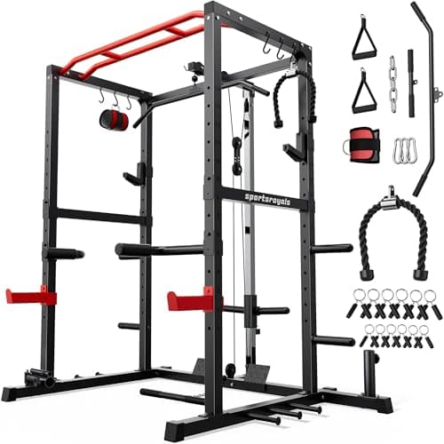 Sportsroyals Power Rack, Multi-Functional Power Cage with LAT Pulldown Pulley System, Squat Rack with More Training Attachments for Home Gym (RED),1200 lbs Weight Capacity - Image 1