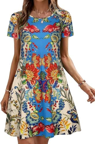 Sundresses for Women Summer Beach T Shirt Short Sleeve Floral Casual Loose Dresses(Red Blue Flower, XL) - Image 1