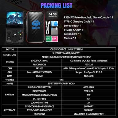 2025 New Upgrade R36MAX Retro Handheld Game Console with 64G Built-in 18000+ Classic Games, Portable Hand Held Open Source Linux System 4.0-in 4k HD IPS Screen Video Player (Black 64GB) - Image 8