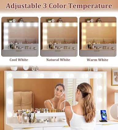 ALEXNUTRE Vanity Desk with Large Mirror and Lights, 45.3in Makeup Vanity with Power Outlet 9 Drawers & Storage, 3 Lighting Color Adjustable, White Vanity Desk for Bedroom - Image 3