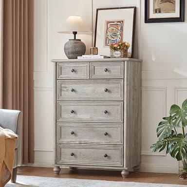 RWYHG Farmhouse 6 Drawer Dresser, 15.75" D x 31.5" W x 43.5" H Chest of Drawers for Bedroom, Grey Tall Dresser with 4 Solid Wood Feet, Wood Storage Dressers Organizer for Living Room Hallway Closet - Image 4
