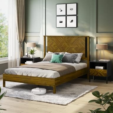 Bme Ethan Queen Bed Frame with Diamond Headboard, Mid-Century Modern, Solid Acacia Wood, No Box Spring Needed, Fits All Mattresses, Rustic Brown - Image 3
