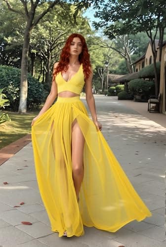 Women Sexy 2 Piece Outfits Dress Chiffon Strap Deep V Neck Bra Crop Top High Split Maxi Dresses Skirt Set Swimwear Cover Ups Yellow M - Image 3