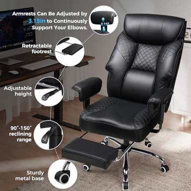 GTRACING Big and Tall Office Chair 400LBS Wide Ergonomic Gaming Chair with Deluxe Embossing Designed Leather with Foot Rest,150°Reclining Adjustable Soft Armrests Pocket Spring Back Support and Pillow - Image 5