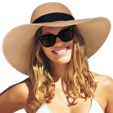 FURTALK Womens Sun Straw Hat Wide Brim UPF 80 Summer Hat Foldable Packable Floppy Beach Hats for Women Khaki - Image 1