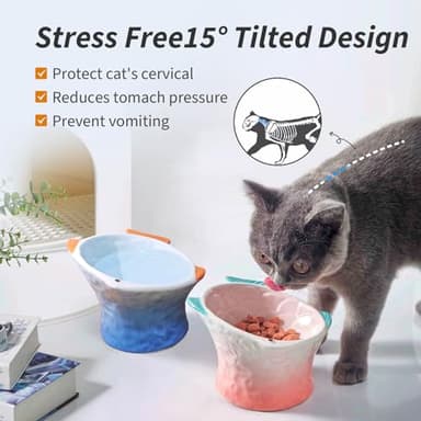 EubooTree Ceramic Raised Cat Food Bowl, Shallow & Tilted, Anti Vomiting and Whisker Fatigue, Non-Slip, Cute Fish Shape Cat Feeding Bowls for Dry and Wet Food, for Kitten, Pink/Blue, 2-Pack - Image 3