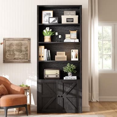 oneinmil 71.5" Tall Bookshelf and Bookcase, 6-Tier Wooden Bookshelves with Cabinet Doors, Floor Bookshelves and Office Storage Cabinets for Home Office, Living Room (Black 1 Pack, 6-Tier) - Image 7