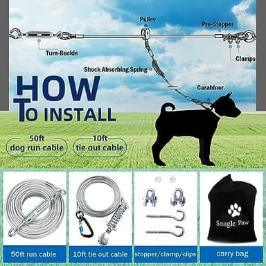 Dog Tie Out Runner for Yard,Trolley System for Large Dogs,Heavy Duty Dog Run Cable Lead 50ft with 10ft Pulley Runner Line for Small Medium and Large Dogs Up to 250lbs Running Outside Yard or Camping - Image 2