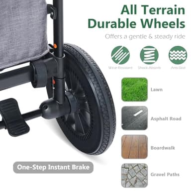 Kinder King Folding Wagon Stroller for 2 Kids, All-Terrain Baby Stroller Wagon Outdoor, Removable Canopy 2 Seater, Adjustable Handle, Shock-Absorbing Wheel, Detachable Tray, Parent Organizer, Gray - Image 7