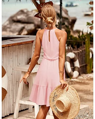 Newshows Women's 2025 Summer Dress Halter Casual Beach Vacation Outfits Hawaiian Dresses Ruffle Belted Sundress with Pockets(Pink, S) - Image 5