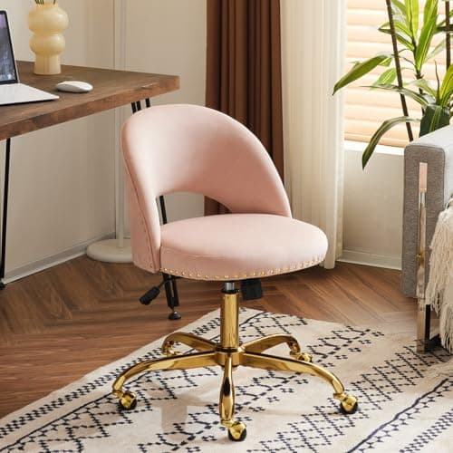 VINGLI Modern Velvet Small Office Chair,Cute Desk Chair with Wheels,Gold Base/Studs, Comfy Armless Swivel Vanity Task Chair for Women/Girl/Kids, Nail Tech Chair for Bedroom,Small Space,Pink - Image 1