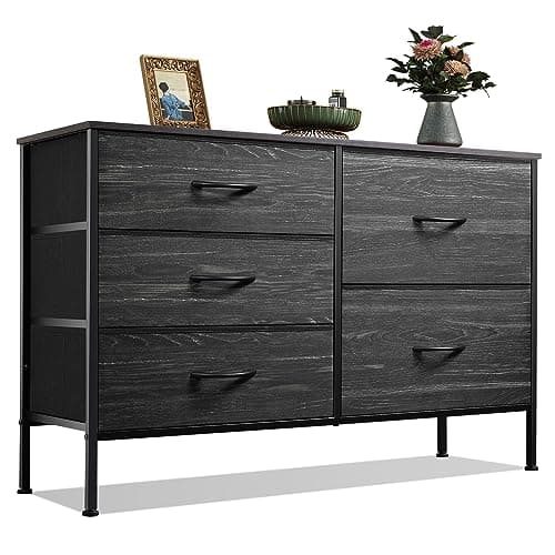 WLIVE Dresser for Bedroom with 5 Drawers, Wide Dressers with Drawer Organizers, Chest of Drawers, Fabric Dresser for Living Room, Closet, Hallway, Charcoal Black Wood Grain Print - Image 1
