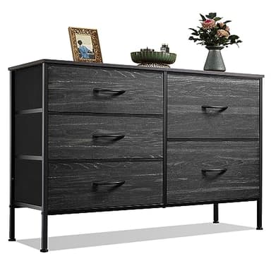 WLIVE Dresser for Bedroom with 5 Drawers, Wide Dressers with Drawer Organizers, Chest of Drawers, Fabric Dresser for Living Room, Closet, Hallway, Charcoal Black Wood Grain Print - Image 1