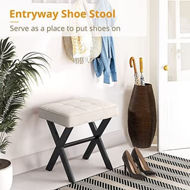 LUE BONA Ottoman Foot Stool Vanity Stool, Square Linen X-Leg Foot Rest Ottoman Makeup Stool, Small Stool Chair for Vanity, Modern Padded Vanity Seat for Makeup Room, Living Room, Bathroom, Linen Color - Image 5