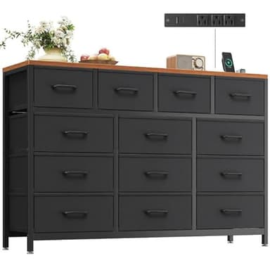 Casaottima Dresser for Bedroom with Charging Station, 55" Long Dresser with 13 Storage Drawers, Large Fabric Dressers Chests of Drawers with Shelves, Black and Vintage - Image 1