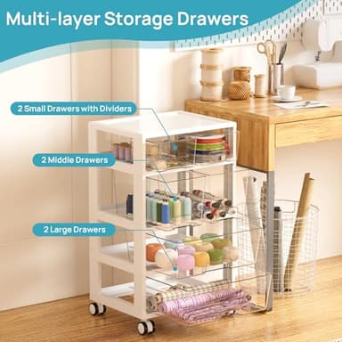 Vtopmart Plastic Drawer Storage Orangizer, 4 Tier 6 Drawers with Wheels for Office Supplies, Art Crafts, Under Desk Storage for Office, Bathroom, Dresser, 1 Pack/Clear - Image 4