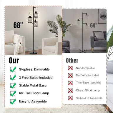 Dimmable Farmhouse Floor Lamp, Industrial Floor Lamp for Living Room with 3 X 6W LED Bulbs, 3 Light Rustic Standing Tall Lamp for Bedroom, Office, 68" - Image 5