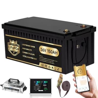 PUPVWMHB 36V 150Ah Lithium Golf Cart Battery, Lifepo4 Battery with 43.8V 25A Charger, Built-in 200A BMS, LCD Monitor & Mobile APP, Peak Current 600A .7.68kW Power Output, Perfect for Golf Carts, Solar - Image 1