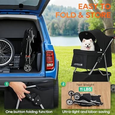 BestPet | 3-Wheel Pet Stroller | Dog and Cat Stroller | Breathable Mesh | Lightweight Travel Carrier | Waterproof & Foldable Design | Storage Basket | Black | for Daily Walks & Outdoor Use - Image 4