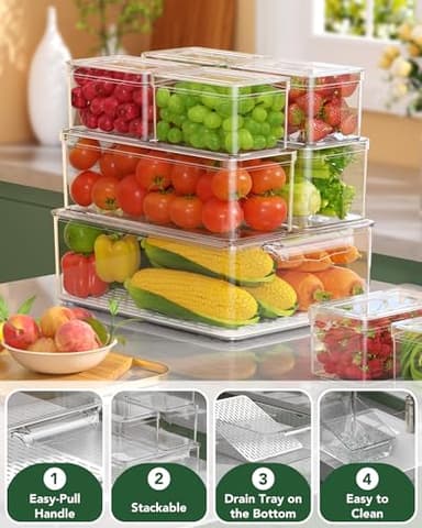 KEMETHY 11 Pack Refrigerator Organizers and Storage, Stackable Fridge Organizer Bins, BPA-Free Clear Plastic Fruit Storage Containers for Fridge, Kitchen, Fruits, Drinks, Produce, Vegetable - Image 3