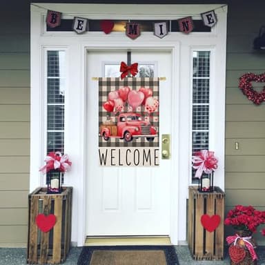 FUYUCHEN Valentines Day House Flag 28x40 Inch Double Sided Outside Buffalo Plaid Welcome Love Hearts Balloon Truck for Rustic Anniversary Wedding Holiday Outdoor Yard Decoration - Image 4