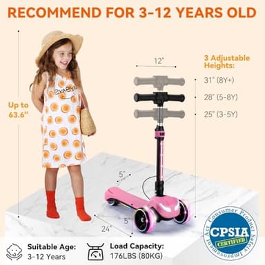 24V Electric Scooter for Kids w/150W Powerful Motor, Thumb Throttle, LCD Screen, Bluetooth, Light-Up Stem Deck & Wheels, 3 Adjustable Heights, 5MPH Safe Speed, 3 Wheel Electric Scooter for Kids, Pink - Image 7