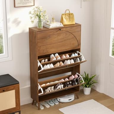 Fsbecl Shoe Storage Cabinet for Entryway with 4 Flip Drawers, Narrow Shoe Organizer with Fluted Panel, Freestanding Wood Hidden Shoe Cabinet for Foyer, Hallway (Walnut, 3 Flip Drawers) - Image 7