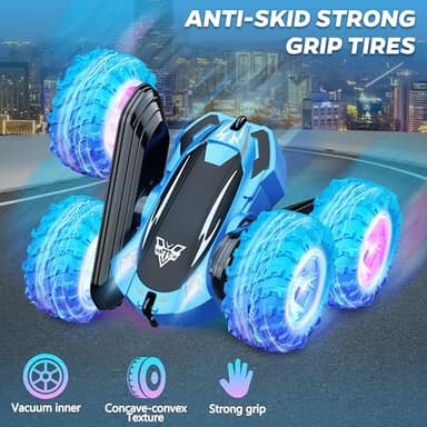 KKONES Remote Control Car, 2.4GHz Double Sided 360° Flips Rotating Electric Race RC Stunt Car, LED Wheel & Headlight High Speed Off Road Cars Toy Gift for 3 4 5 6 7 8-12 Year Old Boy Toys (Blue) - Image 5
