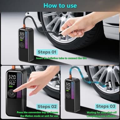 Tire Inflator Portable Air Compressor, 150 PSI Cordless Air Pump, Dual Power 6000mAh, 12V DC Car Plug, Fast Inflation 24L/Min, Auto Shut-Off, LED Light, 4 Preset Modes for Car, Bike, Motorcycle, Balls - Image 7