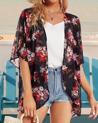 Women's Floral Print Puff Sleeve Kimono Cardigan Loose Cover Up Casual Blouse Tops(Black 3XL) - Image 3