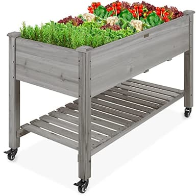 Best Choice Products Raised Garden Bed 48x24x32-inch Mobile Elevated Wood Planter w/Lockable Wheels, Storage Shelf, Protective Liner - Gray - Image 1