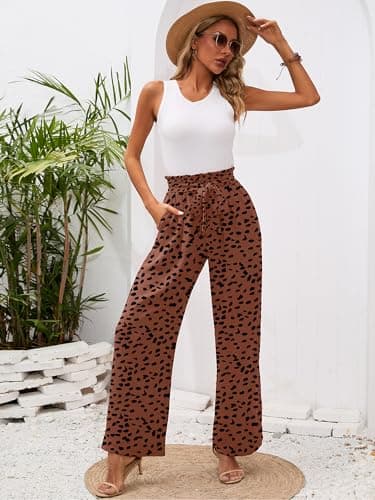 Heymoments Women's Wide Leg Lounge Pants with Pockets Coffee Leopard Medium Lightweight High Waisted Adjustable Tie Knot Loose Comfy Casual Trousers - Image 4