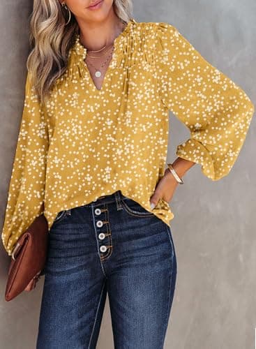 Dokotoo Womens Juniors Summer Tops 2025 Fashion Trendy Casual Dressy Fall Outfits Smocked Long Sleeve T Shirts Alicia Flower Print V Neck Business Work Tunic Bohemian Floral Top Medium Yellow - Image 2