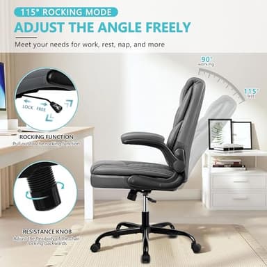 BestEra Office Chair, Executive Leather Chair Home Office Desk Chairs, Ergonomic Computer Desk Chair with Adjustable Flip-Up Arms, Lumber Support Swivel Task Chair with Rocking Function (Gray) - Image 5