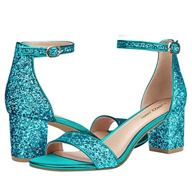 PIZZ ANNU Women's Low Block Heels Sandals Chunky Open Toe Ankle Strap Sparkly Wedding Dress Pump Shoes For Women Brides Ladies,Blue Sequin 9 - Image 2