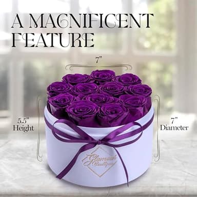 GLAMOUR BOUTIQUE Flower Forever Gift Box 12 Real Preserved Roses in Round Velvet White Box, Handmade, Rose Petals, Birthday, Marriage, Anniversary, Graduation - Purple - Image 8