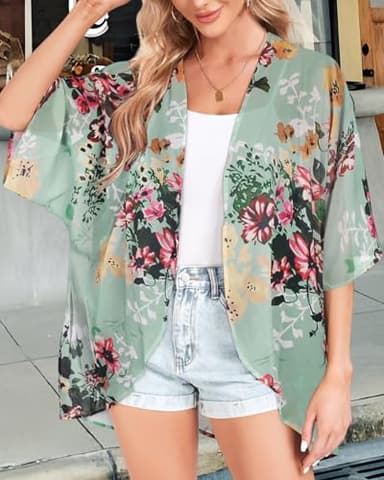 Kimonos for Women Floral Print Puff Sleeve Swimwear Cute Summer Tops(Mint,S) - Image 2