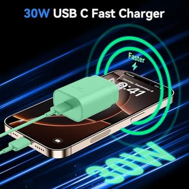 Phone 17 16 15 Charger Fast Charging, 30W USB C Charger Block with 10FT Long C Chargers Cord Cable for Phone17 16 15 Pro Max/16 15 Pro/16 15 Plus/17/16/15, iPad-Green - Image 3