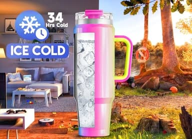 Meoky 40 oz Tumbler with Handle and Straw, Insulated Tumbler with Lid and Straw, Stainless Steel Travel Mug, Keeps Cold for 34 Hours, 100% Leak Proof, Fits in Car Cup Holder (Carnival) - Image 3